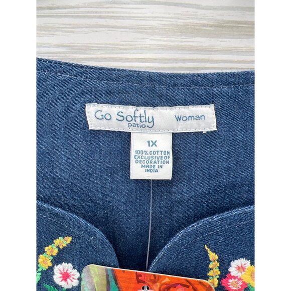 Go Softly Women's Chambray Patio Dress 1X Embroidered Peacock & Floral Mumu NWT - Picture 2 of 10